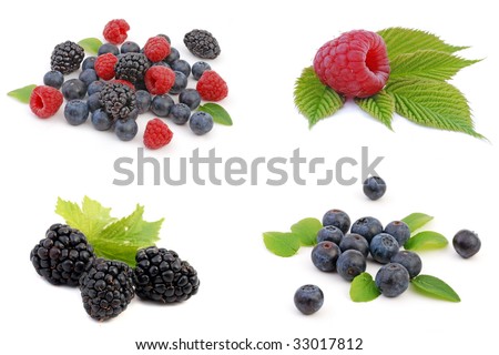 Fresh Berries on white background, collection.  Ripe Sweet Strawberry, Raspberry, Blueberry, Blackberry. Healthy fruits. 