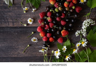 Fresh berries. Red currants, blackberries, blueberries and raspberries in bowls on a large wooden board with mint leaves, strawberries and pomegranate seeds. Background image, top view, vertical - Powered by Shutterstock