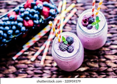 Fresh Berry Smoothies On Mason Jars