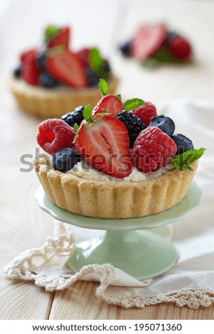 Similar – Image, Stock Photo Delicious strawberry tartlets with vanilla cream in heart shape