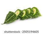 Fresh bitter gourd Bitter cucumber or bitter melon with cut slice isolated on a white background.