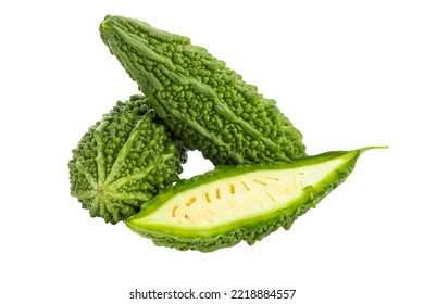 Fresh bitter gourd Bitter cucumber or bitter melon with cut slice isolated on white background.