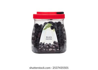 Fresh Black Olives in Clear Glass Storage Container with Red Lid, Mediterranean Food Ingredient in Preserved Jar with Product Label and Olive Branch - Powered by Shutterstock