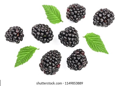 Fresh Blackberry With Leaves Isolated On White Background. Top View. Flat Lay Pattern