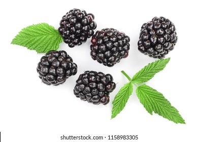 Fresh Blackberry With Leaves Isolated On White Background. Top View. Flat Lay Pattern