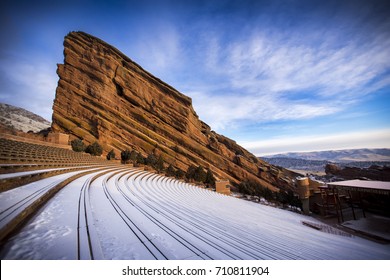 A fresh blanket of snow covers Red Rocks near Denver, Colorado