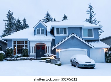 Fresh Blanket Of Snow On Residential Home During The Winter Holidays.