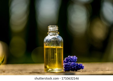 Fresh Blue Flowers And Essential Oil As Natural Aromatherapy For Headache And Migraine Relief On Old Wooden Background.