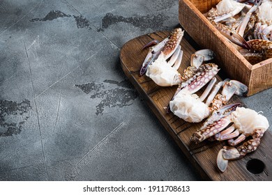 Fresh Blue Swimming Crab Meat Set, On Gray Background , With Copyspace  And Space For Text