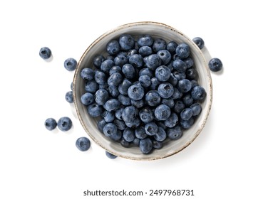 Fresh blueberries in bowl isolated on white background, top view - Powered by Shutterstock