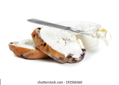 Fresh Blueberry Bagel With Cream Cheese White Background