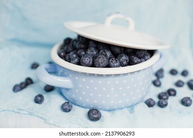 Fresh Blueberry In A Blue Cooking Pot On A Blue Background