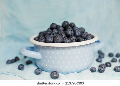 Fresh Blueberry In A Blue Cooking Pot On A Blue Background