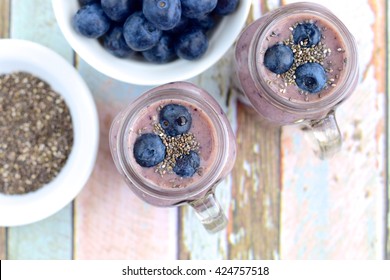 Fresh Blueberry Chia Seeds Smoothie In Jars