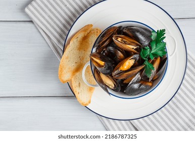 Fresh, Boiled Mussels, Black Sea, With White Bread, On A White Wooden Table, No People,