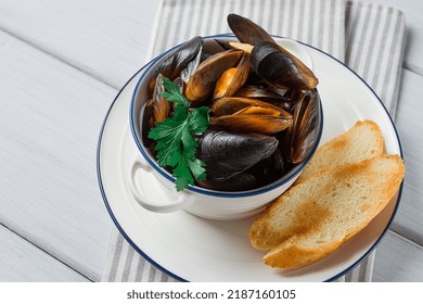 Fresh, Boiled Mussels, Black Sea, With White Bread, On A White Wooden Table, No People,