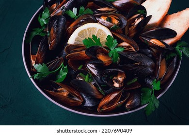 Fresh, Boiled Mussels, Black Sea, With Parsley And Lemon, No People, Top View