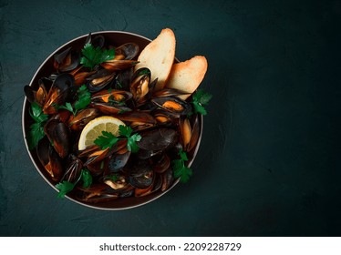 Fresh, Boiled Mussels, Black Sea, With Parsley And Lemon, No People, Top View