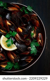 Fresh, Boiled Mussels, Black Sea, With Parsley And Lemon, No People, Top View