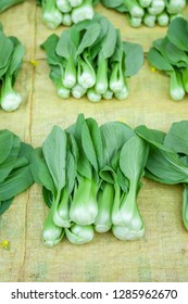 Fresh Bok Choy Or Shanghai Green On The Fabric At Daily Market Of Mae Salong, Tourist Attractions In Chiang Rai, Thailand. Selective Focus.