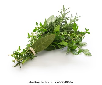 Fresh Bouquet Garni, Bunch Of Herbs Isolated On White Background