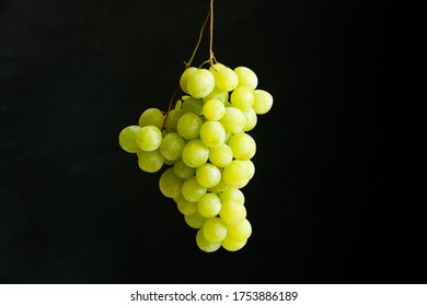 Fresh branch of green grapes on a black background. 