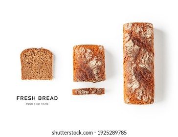 Fresh bread creative layout isolated on white background. Sliced whole grain rye bread composition. Healthy eating and dieting food concept. Top view, flat lay. Design element