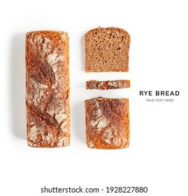 Fresh bread creative layout isolated on white background. Sliced whole grain rye bread composition. Healthy eating and dieting food concept. Top view, flat lay. Design element