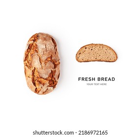 Fresh bread creative layout isolated on white background. Sliced rye bread composition. Healthy eating and dieting food concept. Top view, flat lay. Design element