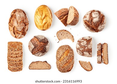 Fresh bread creative layout isolated on white background. Whole and sliced breads collection. Healthy eating and dieting food concept. Top view, flat lay. Design element - Shutterstock ID 2316116993