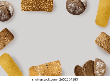 Fresh bread creative layout isolated on white background. Whole and sliced breads collection. Healthy eating and dieting food concept. Top view, flat lay. Design element, copy space.