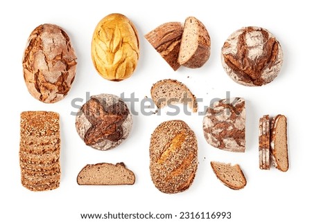 Fresh bread creative layout isolated on white background. Whole and sliced breads collection. Healthy eating and dieting food concept. Top view, flat lay. Design element
