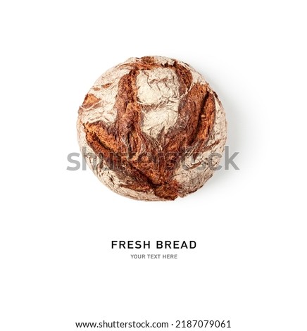 Fresh bread loaf isolated on white background. Crusty homemade whole rye bread.  Healthy eating and dieting food concept. Top view, flat lay. Design element
