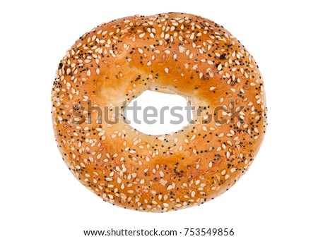 Fresh breakfast bread bagel roll with seeds isolated on white background