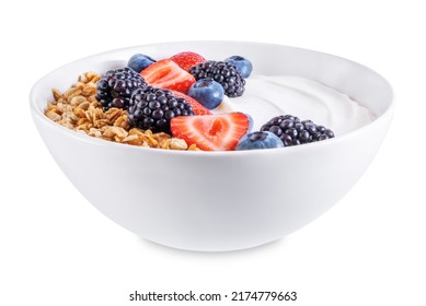 Fresh breakfast with greek yogurt nuts oatmeal granola with berries in a bowl on a white isolated background. the toning. selective focus - Powered by Shutterstock