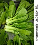 Fresh and brightly colored bok choy (pak choi) displayed and sold at the vegetable market