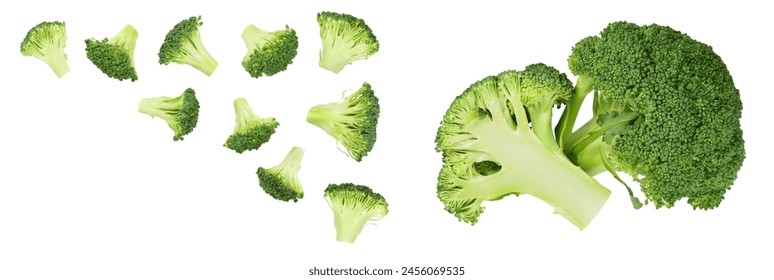 fresh broccoli isolated on white background close-up with full depth of field. Top view with copy space for your text. Flat lay