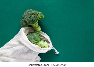 Fresh Broccoli In Reusable Grocery Bag, Top View