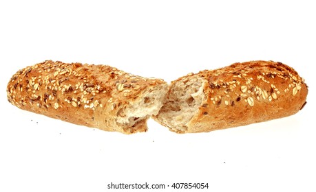 Fresh Broken Baguette, Over The White Background.