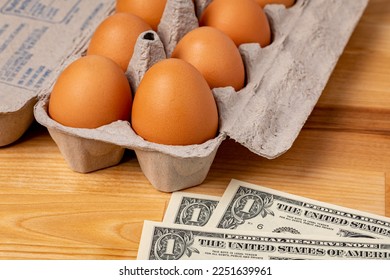 Fresh brown chicken eggs in carton with cash money. Egg price, grocery shopping and poultry farming concept.  - Shutterstock ID 2251639961
