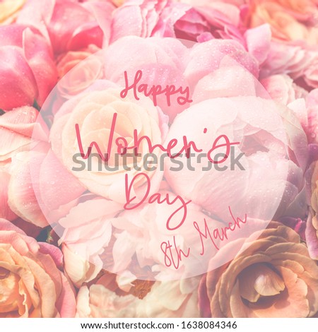 Fresh bunch of pink peonies and roses and text Happy Womens Day. Card Concept, pastel colors, close up image