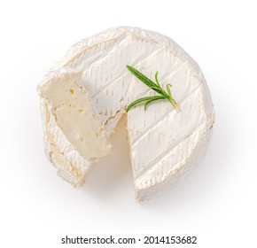 Fresh camembert cheese with sliced camembert isolated. Top view of camembert cheese piece with rosemary on white background.