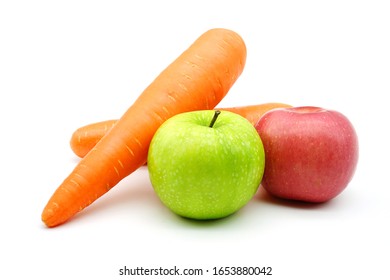 Fresh Carrot And Red, Green Apple Isolated On White Background, Clipping Path.