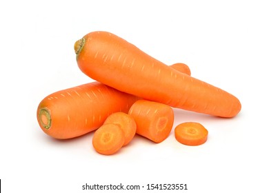 Fresh Carrots With Sliced Isolated On White Background.