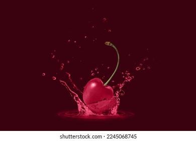 Fresh cherry berry flying falling in splashing liquor or juice isolated on dark red background. Image in trendy color year 2023 Viva Magenta. - Powered by Shutterstock