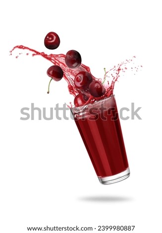 Fresh cherry juice splashing from glass on white background