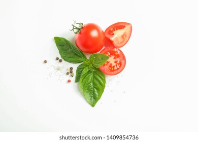 Fresh cherry tomatoes with basil and spices on white background, space for text and top view. Ripe vegetables - Powered by Shutterstock