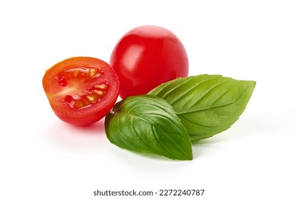 Fresh cherry tomatoes with Sweet basil leaves, isolated on white background - Shutterstock ID 2272240787
