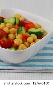 Fresh Chick Peas Salad With Red Peppers, Cherry Tomatoes And Cucumber