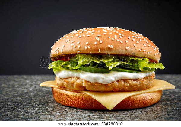 Fresh Chicken Burger On Dark Background Stock Photo (Edit Now) 334280810